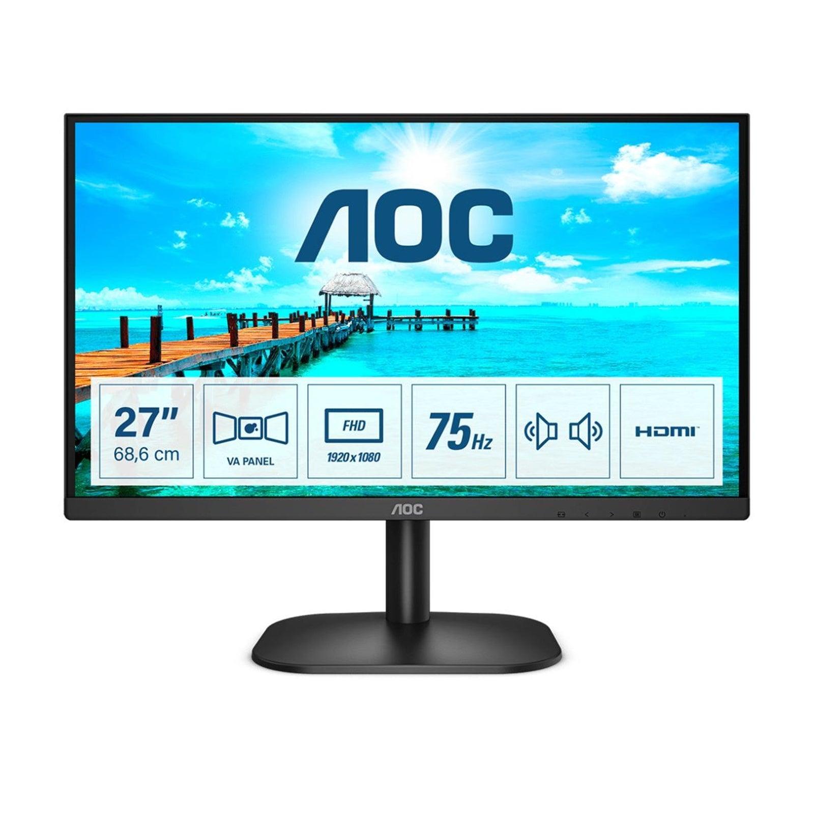 AOC 27B2AM 27 Inch LED Monitor, Widescreen, Full HD, VGA, HDMI, 4ms, 75Hz, Frameless, Speakers, VESA, Black-PCR Business Solutions Ltd